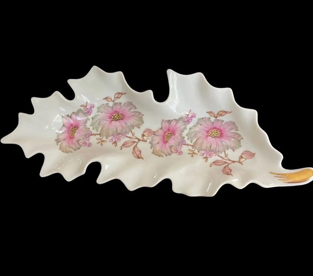Vintage Bavaria Trinket Dish Old Nuremberg Leaf Shaped Germany Gilded Floral